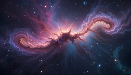 A vibrant, swirling nebula with pink, purple, and blue hues, showcasing cosmic dust and gas illuminated by distant stars.
