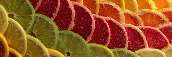 Poster - Mosaic of Sliced Citrus Fruits Arranged in a Colorful Semi-Circle Design With Vibrant Hues Showcasing Fresh Produce