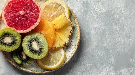 Poster - Overhead View of Colorful Sliced Tropical Fruits on Ceramic Plate Showcasing Variety of Textures and Flavors With Empty Space on Right Side