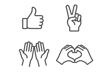Poster - Hand gestures line icon set. Vector pictograms of thumbs up, peace sign, high five, and heart shape. Thin linear illustration for communication, social media, and positive signals.