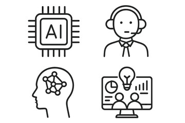 Fototapete - Artificial intelligence line icon set. Icons for business technology, machine learning, neural network, data dashboard, innovation, customer support, and processor chip.