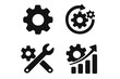 © Joan - Gear settings icon set of 4. Vector glyph pictograms of cogwheel and wrench. Optimization, process, system update, configuration, maintenance, and automation concept.
