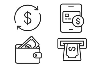 Poster - Set of 4 financial line icons. Vector symbols for payment, money transfer, digital banking, credit card, ATM, and cash wallet. Simple outline pictogram for web and mobile.