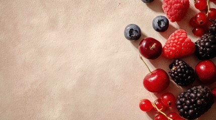 Poster - Mixed Berries Arranged on Soft Paper Background With Gentle Shadows Creating a Natural and Vibrant Display
