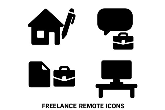 Freelance remote work icon set. Glyph pictograms for web and mobile. Home office, online job, career symbols. Vector house, pen, chat, briefcase, portfolio, computer signs.
