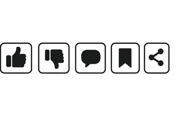 Poster - Social Media Feedback and Interaction Icon Set. Thumbs Up, Thumbs Down, Comment, Save, Share. Modern Flat Vector Illustration. User Interface Buttons. Isolated Transparent PNG Elements