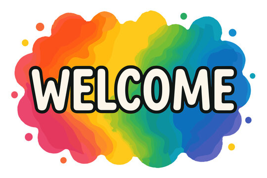 Welcome text on colorful rainbow watercolor splash. Vector illustration for greeting card, banner, or poster. Cheerful design element for party, event, or school.