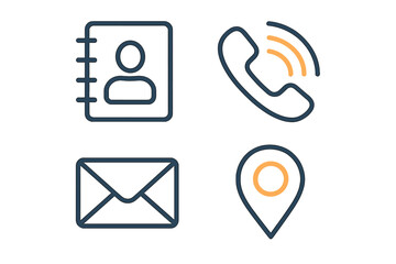 Fototapete - Contact us icon set. Business card and website communication symbols. Line art icons for address book, phone call, email message, and map location pin. Vector illustration.