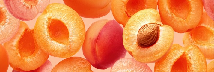 Poster - Peach and Apricot Halves Arranged in a Seamless Pattern With Untouched Section in the Top-Right Corner