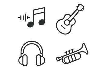 Fototapete - Music and Audio Concept Icons Set. Linear Vector Illustrations of Musical Note, Acoustic Guitar, Headphones, Trumpet. Modern Flat Line Style for Web, App, Education, School, Graphic Design Resources