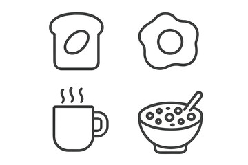 Fototapete - Breakfast Food and Drink Line Icons Set. Toast with Egg, Fried Egg, Hot Coffee Cup, Cereal Bowl with Spoon. Minimalist Linear Style Vector Icons for Web, App, Menu, Healthy Morning Meal Concepts