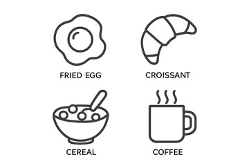Fototapete - Breakfast Food and Drink Line Icons Set. Fried Egg, Croissant, Cereal Bowl, Coffee Cup. Minimalist Linear Style Vector Illustrations for Web, App, Menu, Cafe, Restaurant, Editable Outline, Isolated