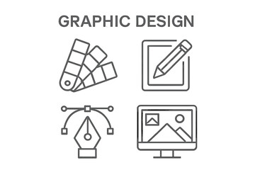 Fototapete - Graphic Design Concept Icons Set. Linear Style Vector Illustrations for Web, App, Digital Art, Branding, Creative Tools, Color Palette, Drawing, Pen Tool, Computer Monitor, Editable Elements