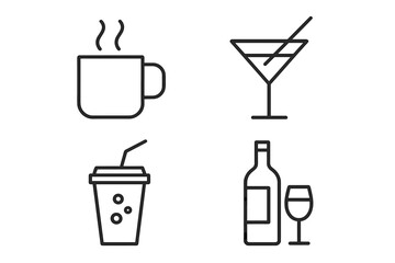 Fototapete - Minimalist Beverage Icon Set. Linear Outline Style. Hot Coffee Mug, Cold Soda Cup, Cocktail Glass, Wine Bottle and Glass. Modern Drink Symbols for Web, App, Restaurant Menu, Bar, Cafe, Editable Vector