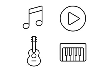 Fototapete - Music and Instrument Line Icons Set. Minimalist Vector Symbols for Music Note, Play Button, Guitar, Piano Keyboard. Modern Linear Style for Web, App, Graphic Design, Digital Media, User Interface