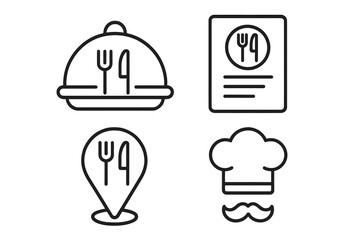 Fototapete - Restaurant Line Icons Set. Vector Outline Food Service Symbols: Cloche, Menu, Location Pin, Chef Hat, Mustache. Modern Minimalist Design for Web, App, Branding, Hospitality, Culinary, Editable