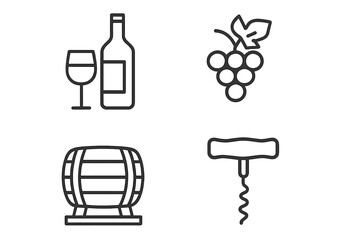 Fototapete - Wine and Winemaking Vector Icon Set. Linear Style Grapes, Wine Glass, Bottle, Barrel, Corkscrew. Modern Minimalist Drink and Vineyard Symbols for Web, App, Branding, Packaging, Menu, Infographic