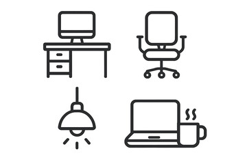 Fototapete - Modern Workplace Essentials Icon Set. Minimalist Linear Vector Illustrations of Office Desk, Computer, Chair, Lamp, Laptop, Coffee Mug. Editable Outline Symbols for Web, Apps, Business, Graphic Design