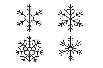Poster - Minimalist Snowflake Line Icon Set of 4 – Geometric Diamond, Heart, Spiderweb, and Classic Shapes, Thin Linear Vector Illustrations for Christmas, Winter, Holiday, and New Year Design