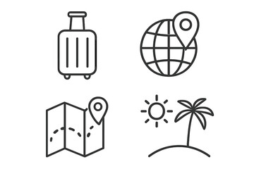 Fototapete - Travel and Tourism Linear Vector Icon Set. Suitcase, Globe with Location Pin, Map with Route, Tropical Island. Minimal Outline Style for Web, App, Graphic Design, Vacation, Holiday, Journey Concepts