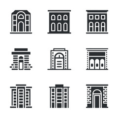 Poster - Detailed Building Facades Vector Set A Collection of Architectural Icons and Structures for Urban Planning and Design Projects, Featuring Intricate Details and Clean Lines
