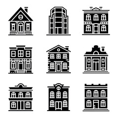 Poster - Architectural Building Icons Vector Set A Collection of Detailed Structures and Facades for Urban Design and Architectural Projects, Featuring Clean Lines and Modern Style