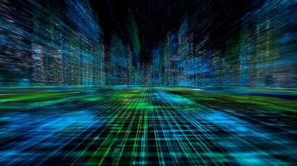 Poster - Abstract digital city landscape with glowing grid lines conveying futuristic tech and virtual reality environment with artistic expression.