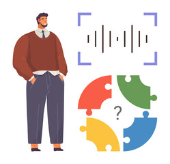 Poster - Confident man standing near audio wave visualization and incomplete colorful puzzle with question mark. Ideal for teamwork, problem solving, strategy, communication, creativity, guidance