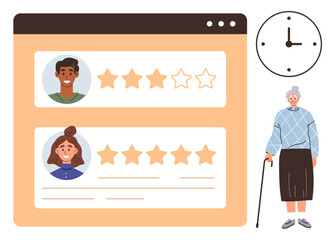 Poster - User profiles with 5-star ratings displayed on a web interface. Elderly woman with a cane and clock suggest time, experience, or service-related evaluation. Ideal for feedback, experience, aging