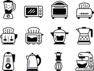 Poster - Collection of black and white icons representing kitchen appliances and cooking equipment