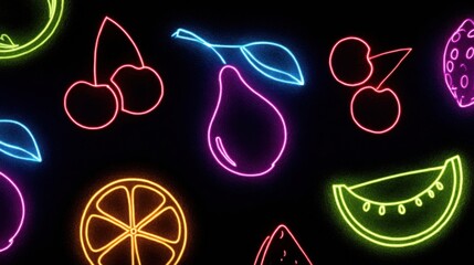Poster - Neon Glow Outlines of Various Fruit Shapes on a Dark Background Creating a Vibrant Contrast