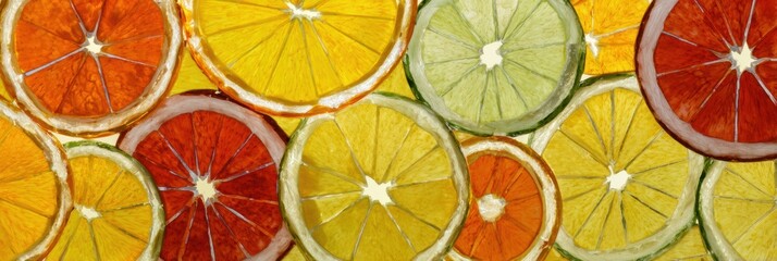 Poster - Mosaic Design of Sliced Citrus Fruits Creating a Vibrant Semi-Circle With an Open Top Featuring Oranges, Lemons, and Limes