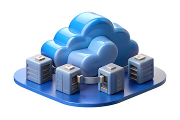 Fototapete - A stylized blue cloud computing platform with servers on a blue base against a black background on transparent background