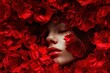 © nsit0108 - Fashion portrait of sensual model with red lipstick surrounded by red flowers with closed eyes