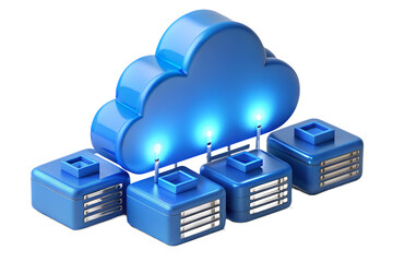 Fototapete - A blue cloud connected to four blue servers on a black background representing cloud computing tech on transparent background