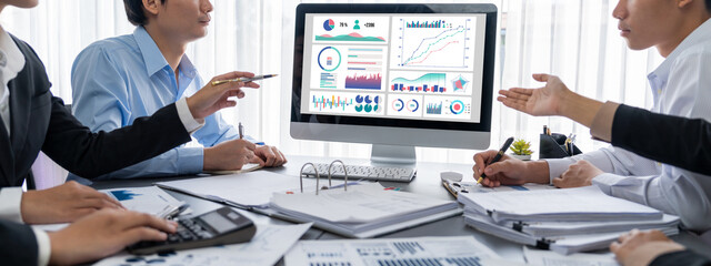 Poster - Business intelligence and data analysis concept. Analyst team working on financial data analysis dashboard on laptop screen as marketing indication for effective business strategic planning. Insight
