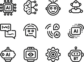 Fototapete - Collection of simple black line art icons representing artificial intelligence and robots