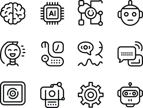 Collection of modern line art icons representing artificial intelligence and technology concepts