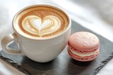 A cup of latte with beautiful heart-shaped art, served next to a single pink macaron on a slate tray.