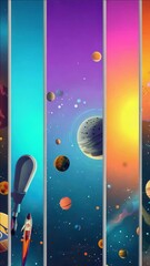 Wall Mural - Illustrative image depicting a vivid space adventure with rocket ships, astronauts and planets in the cosmos.