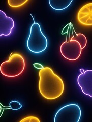 Poster - Neon Fruit Shapes on Dark Background Create Vibrant Artistic Display With Space at the Top for Text or Branding