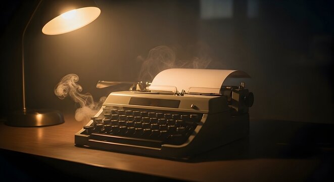 Typewriter with Blank Paper Under Lamp Emitting Smoke on Wooden Desk