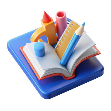 Stylized 3d rendering of school supplies on a blue platform isolated on transparent background