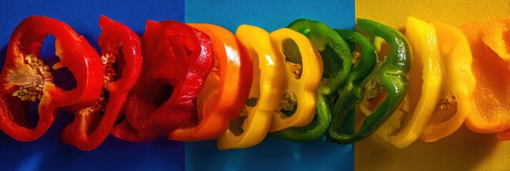 Poster - Sliced Bell Peppers Arranged in Vibrant Colors on a Blue and Yellow Backdrop