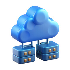 Fototapete - A blue cloud connected to two blue servers supported by silver bars on a black background render on transparent background