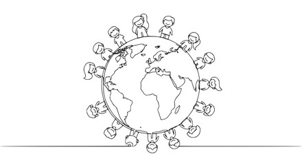 Poster - People hugging globe in single line outline design for peace day  