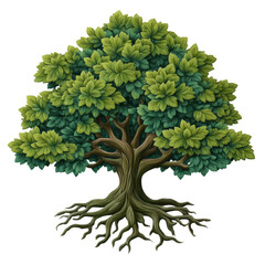 majestic ancient tree with lush green foliage and exposed root system