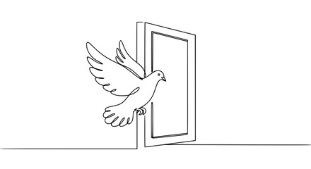 Aufkleber - Outline of a dove flying out of an open door representing peace day Concept of single line outline vector peace day  