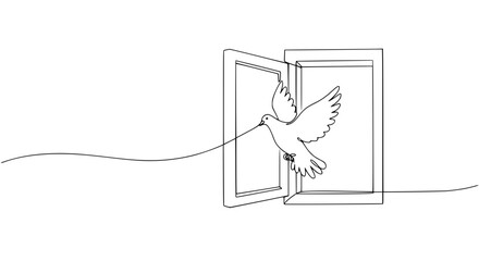 Poster - Outline of a dove flying through an open window illustrating peace  