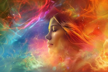 Wall Mural - spiritual woman meditating with closed eyes and colorful cosmic energy flowing through her body and 